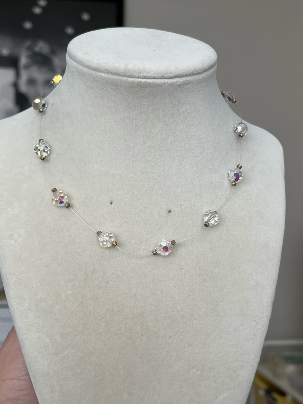 Vintage AB invisible crystal beaded choker 14”